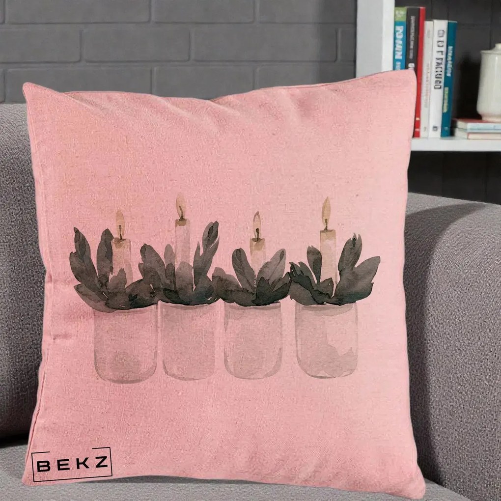 Perna Decorativa Lumanari Advent in Borcane, 40x40 cm, Roz, Husa Detasabila, Perna Inclusa, BEKZ®