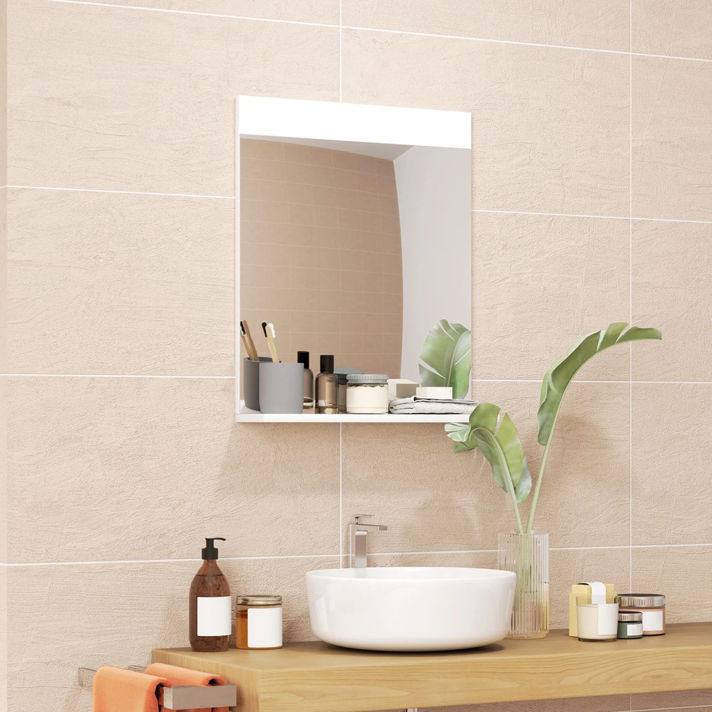 HOMCOM Oglindă de Baie pentru Perete în Stil Modern, Oglindă de Baie cu Raft, 50x12x60 cm, Alb | Aosom Romania