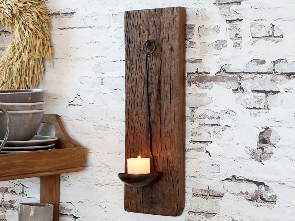 Aplica decorativă pentru lumânare, din lemn reciclat și suport metalic H46 cm, Grimaud