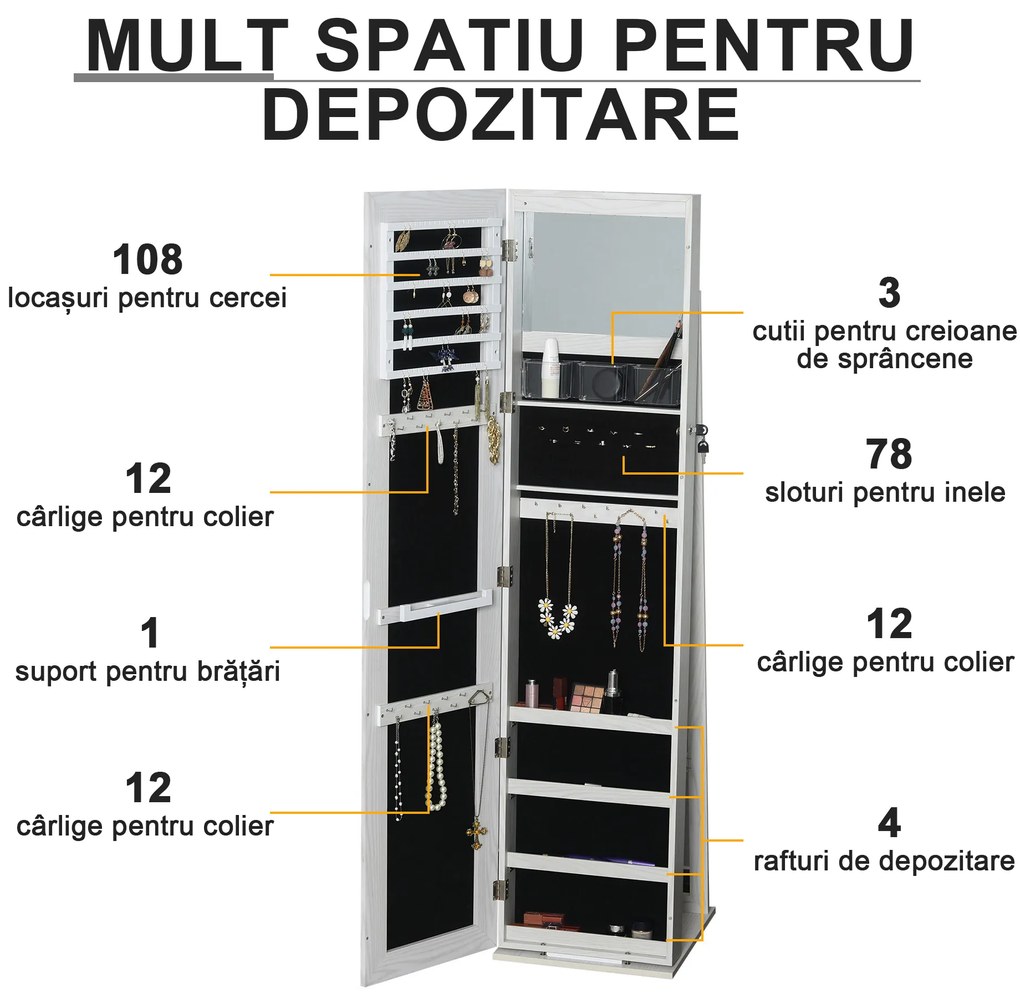 HOMCOM Dulap Bijuterii LED Alb cu Cheie | Aosom Romania