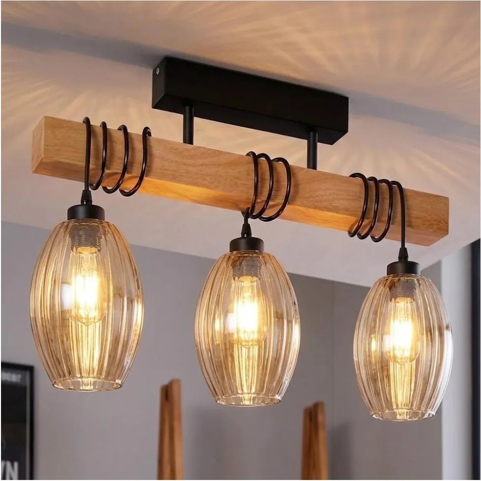 Brilagi - Lustră aplicată WOOD GLASS 3xE27/60W/230V pin/negru/bej fumuriu