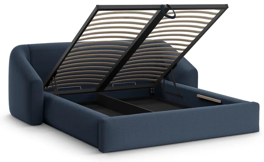 Pat matrimonial albastru închis tapițat cu spațiu de depozitare cu somieră 200x200 cm Campi – Cosmopolitan Design