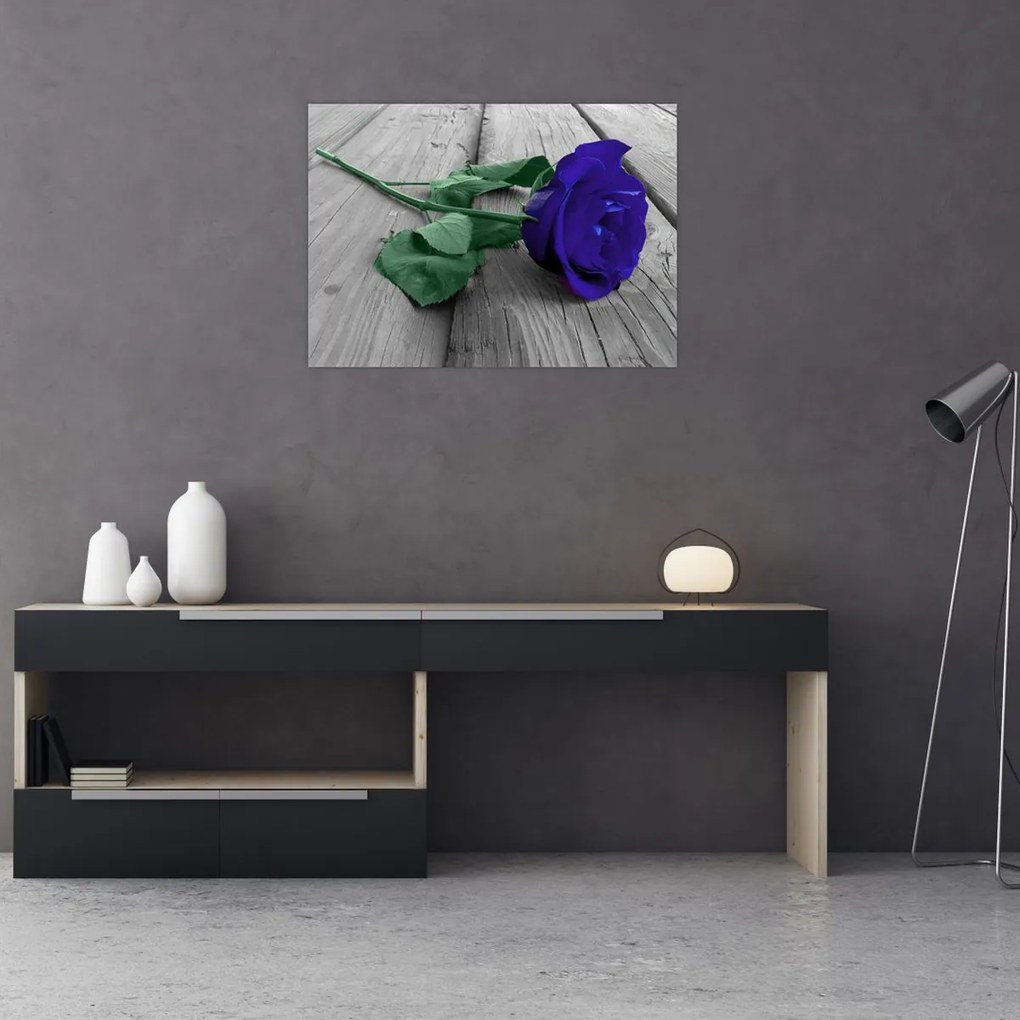 Tablou pe sticlă - Trandafir albastru cu tulpina verde (70x50 cm)