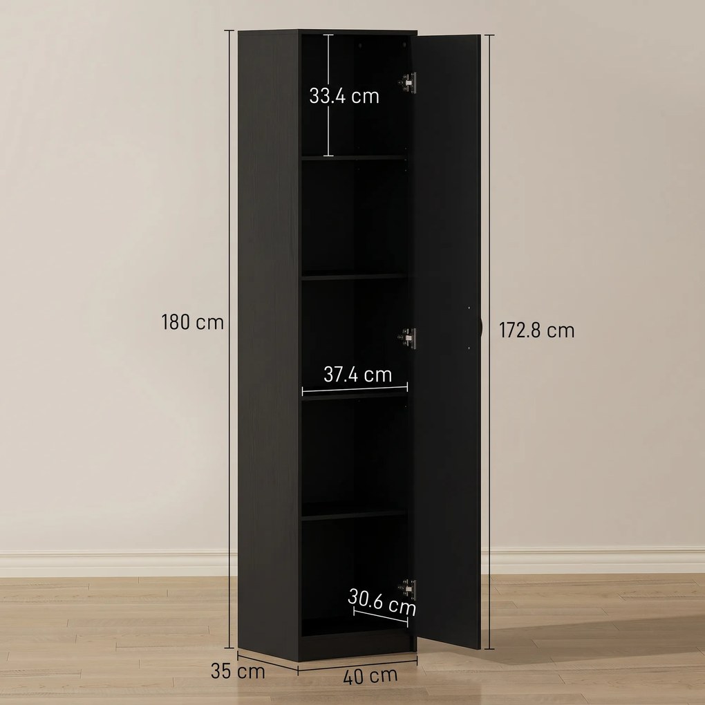 HOMCOM Dulap de bucătărie Slim cu 5 rafturi și spațiu interior reglabil, din lemn, 40x35x180 cm, negru | Aosom Romania