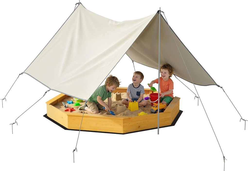 AIYAPLAY Ladă cu nisip din lemn cu copertină, ladă cu nisip pentru copii pentru exterior cu 4 bănci, căptușeală de fund, galben | Aosom Romania