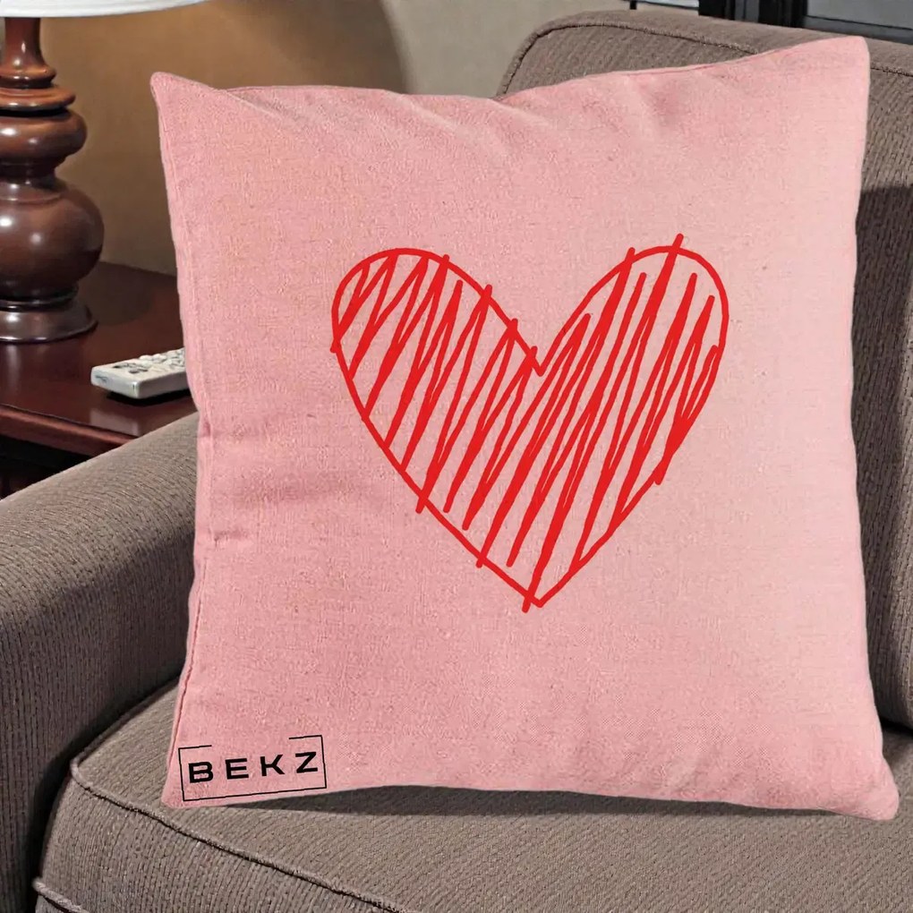 Perna Decorativa Inima Rosie Desen Manual, 40x40 cm, Roz, Husa Detasabila, Perna Inclusa, BEKZ®