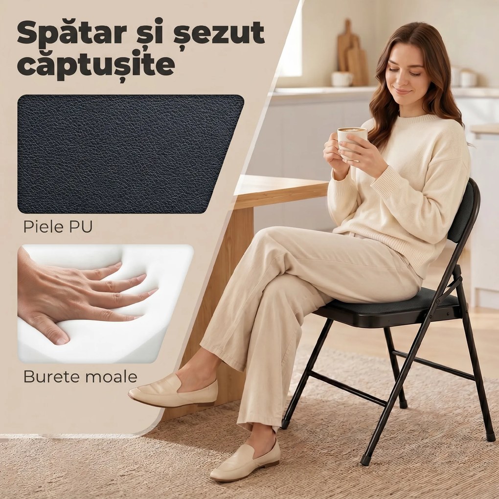 HOMCOM Set de 2 Scaune Pliabile Metalice, Tapițate cu Piele Ecologică PU, pentru Interior, cu Șezut Confortabil și Spătar Deschis | Aosom Romania