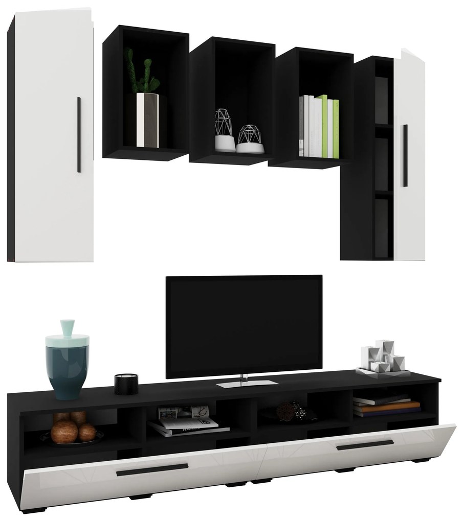 Living Kos V9, Negru/Alb Lucios, MDF, L 190 cm