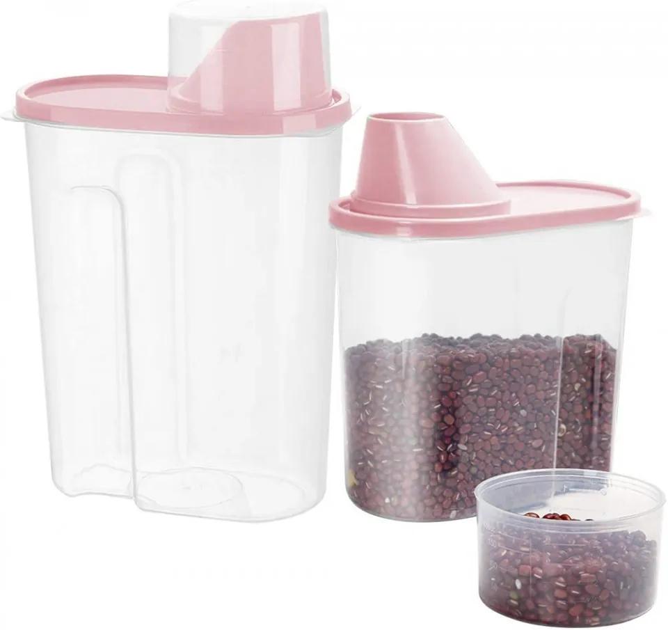 Set de 2 recipiente pentru cereale ZoneYan, plastic, transparent/roz, 2,5/1,9 L