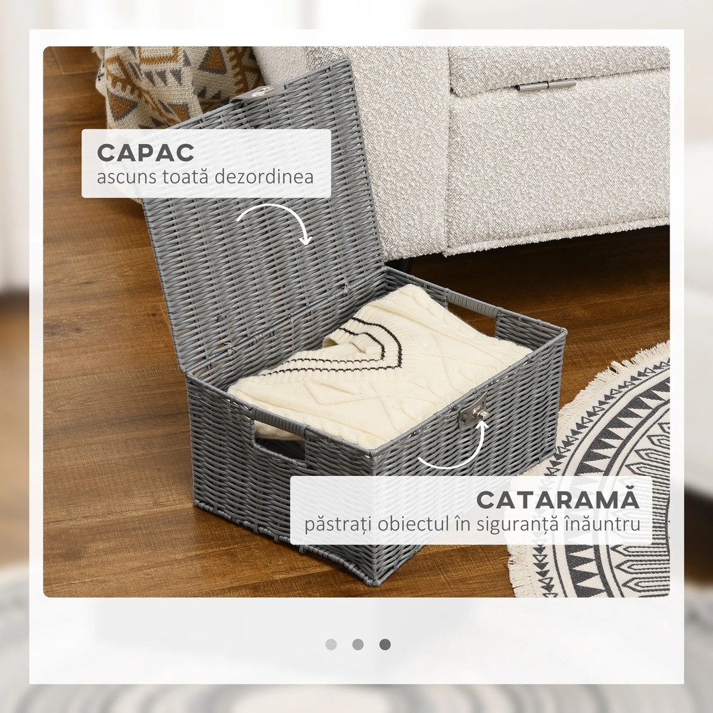 HOMCOM Set de 3 Coșuri de Depozitare din Răchită PP cu Capac, Containere Dreptunghiulare de Diferite Dimensiuni, Gri | Aosom Romania