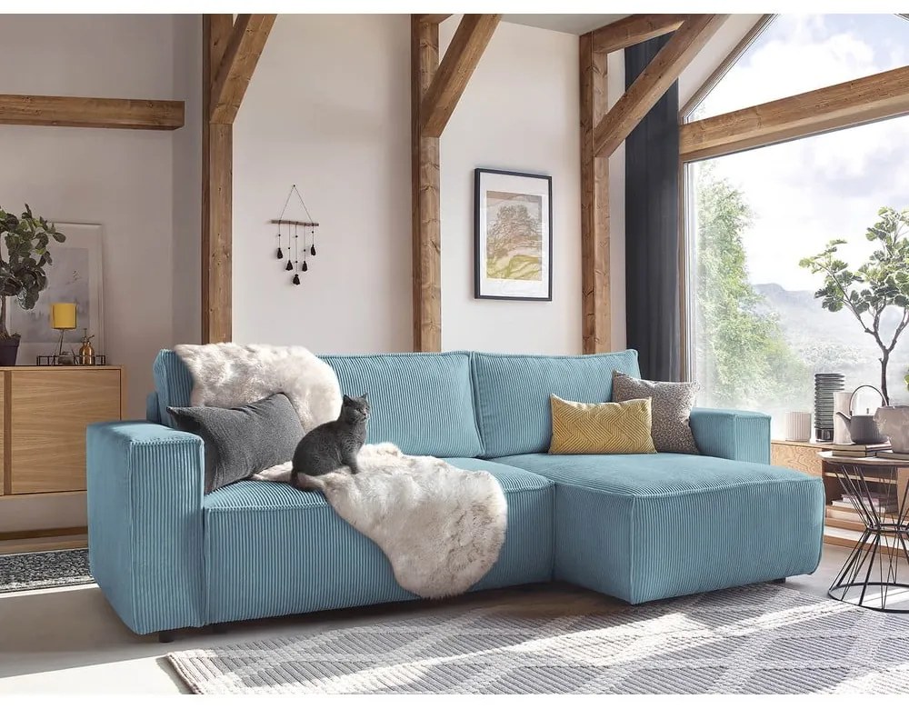 Colțar verde mentă extensibil/cu spațiu de depozitare cu tapițerie din catifea reiată Nihad – Bobochic Paris