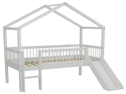 Pat Căsuță Elevat cu Tobogan Forrest Beech pentru Camera Copii, 90x200 cm, din Lemn Masiv de Fag, Alb – Vipack