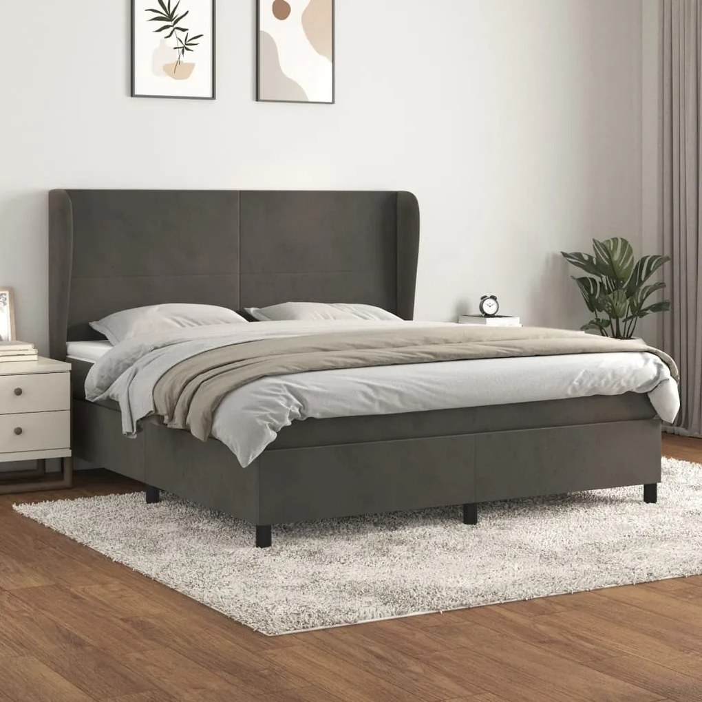 Pat box spring cu saltea, gri inchis, 160x200 cm, catifea Morke gra, 160 x 200 cm, Design simplu