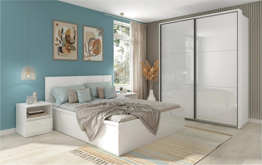 Set dormitor TETRIX 2, alb, pat 160x200, dulap cu 2 usi si 2 noptiere
