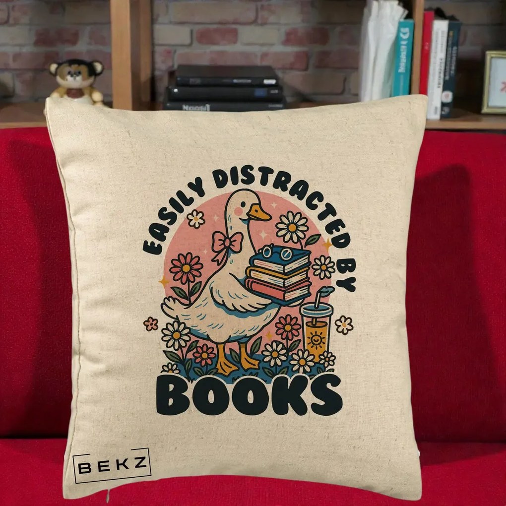 Perna Personalizata Easily Distracted by Books, 40x40 cm, Bej, Husa Detasabila, Perna Inclusa, BEKZ®