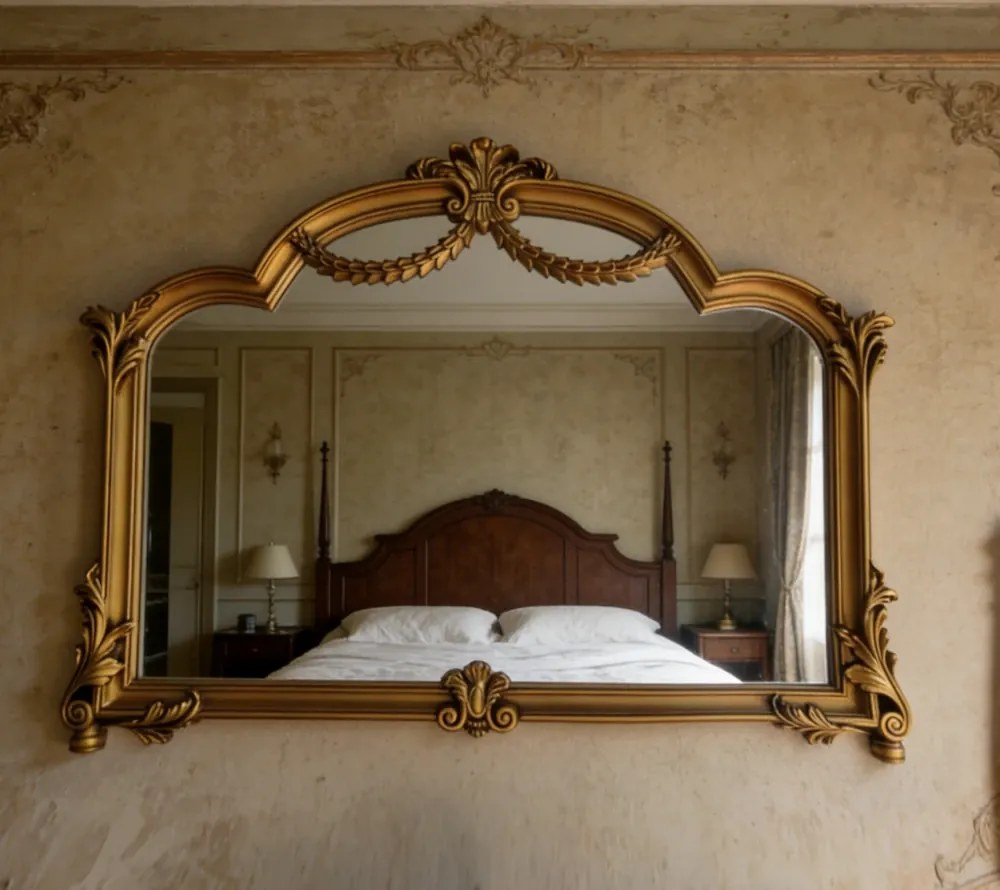 Oglindă decorativă de perete, ramă aurie antichizată, 70x90 cm