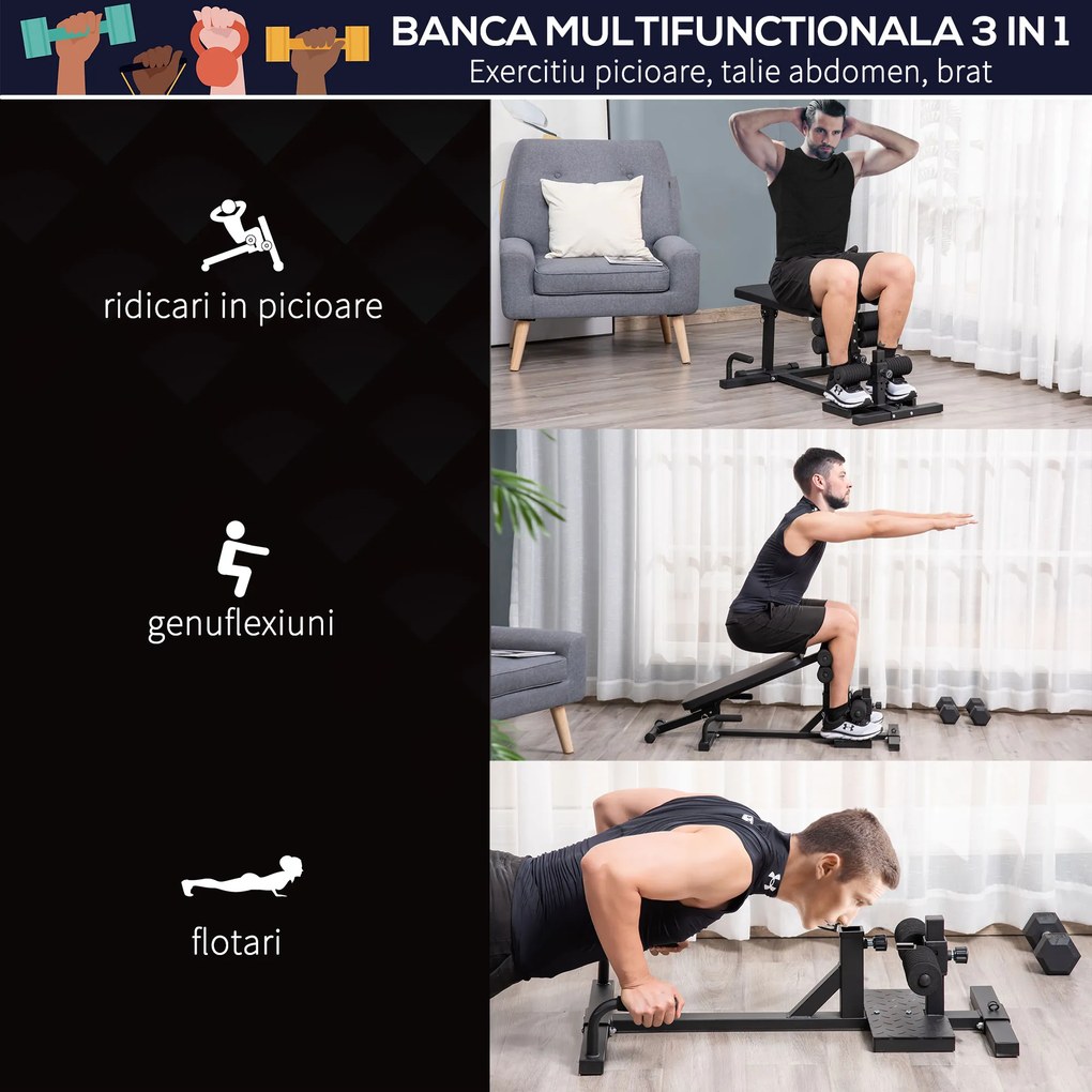 HOMCOM Stație de Fitness 3 în 1 Multifuncțională pentru Acasă, Antrenament Complet Corp, 100x58x46 cm, Negru | Aosom Romania