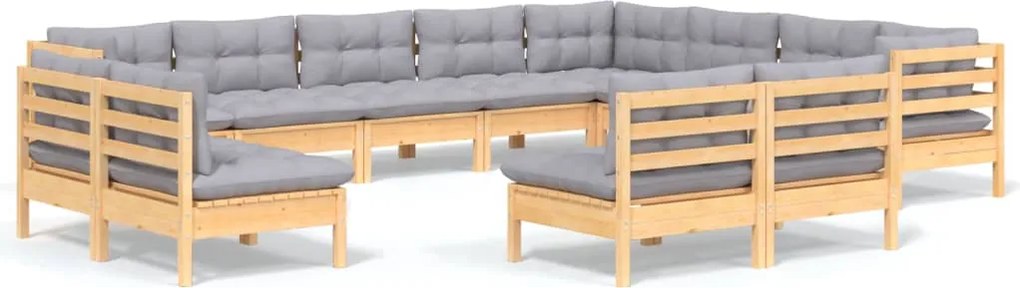 vidaXL Set mobilier grădină cu perne, 12 piese, gri, lemn masiv pin