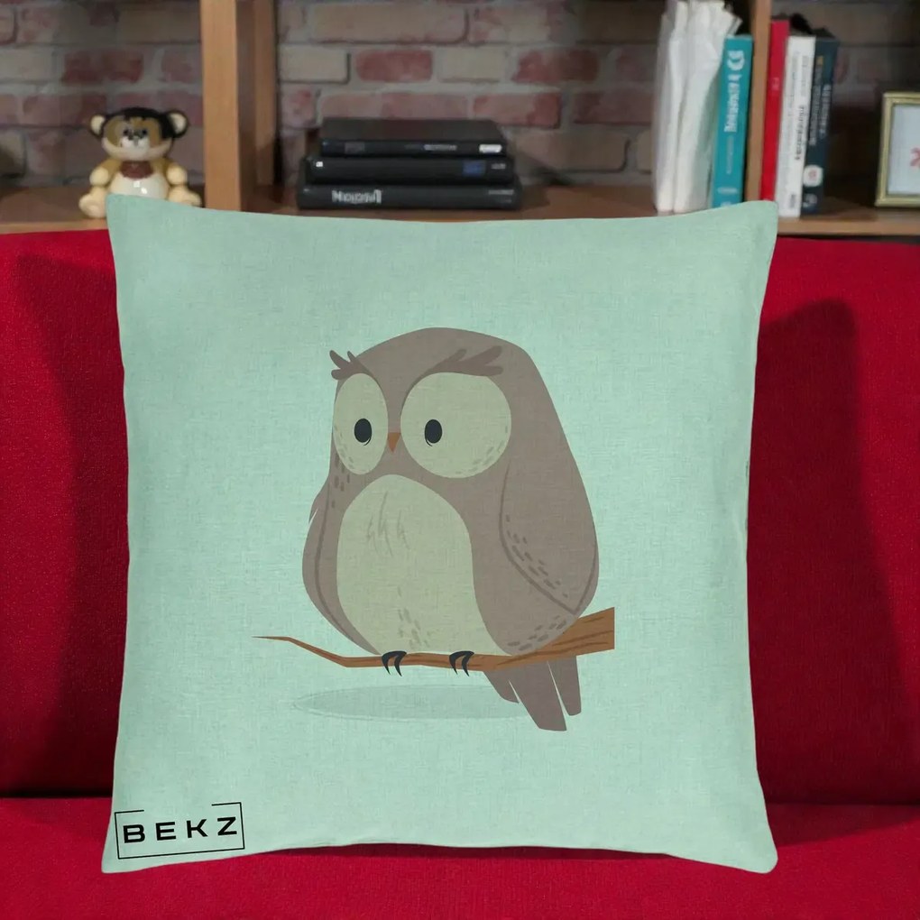 Perna Decorativa Bufnita Kawaii pe Creanga, 40x40 cm, Verde Menta, Husa Detasabila, Perna Inclusa, BEKZ®