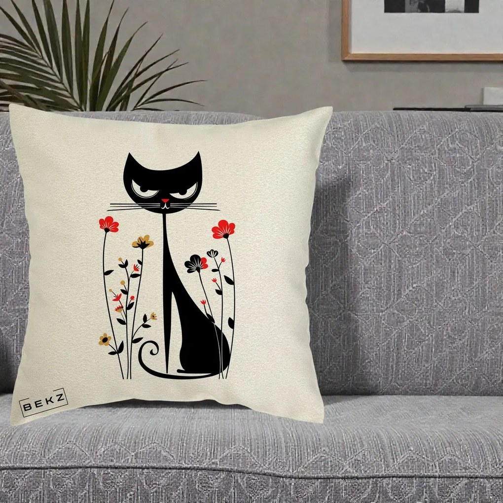Perna Decorativa Pisica Neagra Grafica Flori Rosii, 40x40 cm, Ecru, Husa Detasabila, Perna Inclusa, BEKZ®