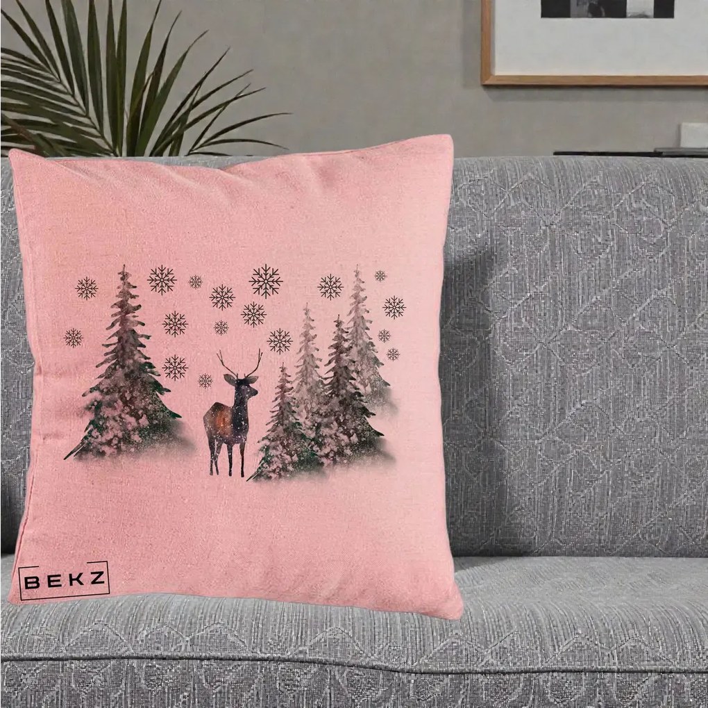 Perna Decorativa Ren in Padure Inzapezita, 40x40 cm, Roz, Husa Detasabila, Perna Inclusa, BEKZ®