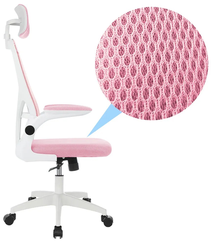 Scaun de birou ergonomic cu suport lombar si tetiera, roz