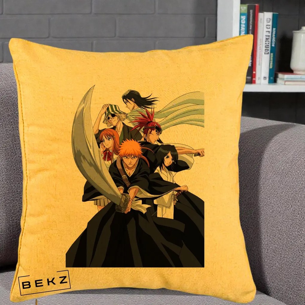 Perna Personalizata Bleach Grup Complet Ichigo si Prietenii, 40x40 cm, Galben, Husa Detasabila, Perna Inclusa, BEKZ®