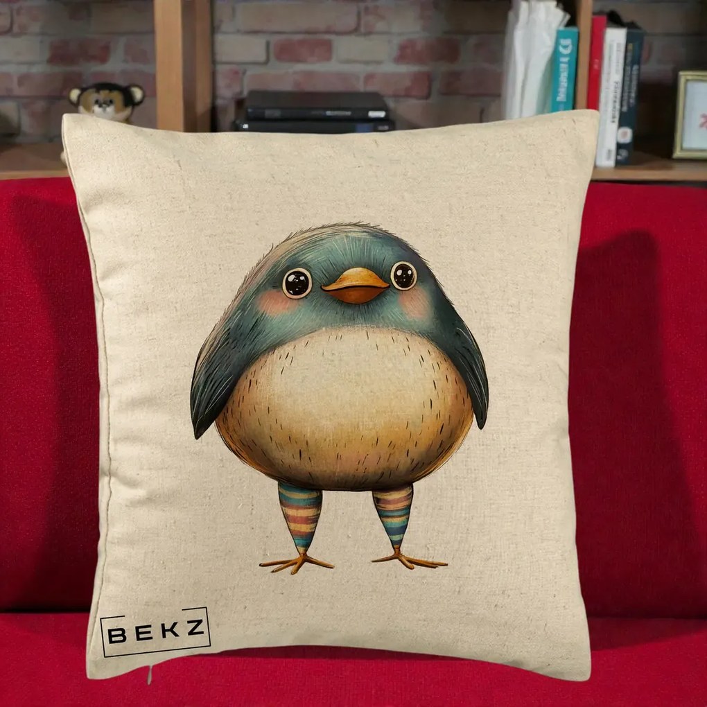 Perna Decorativa Pasare Teal-Bej cu Sosete Curcubeu, 40x40 cm, Bej, Husa Detasabila, Perna Inclusa, BEKZ®