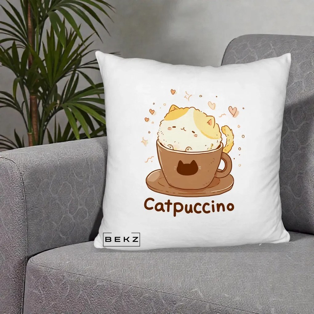 Perna Decorativa Catpuccino Pisica Cappuccino, 40x40 cm, Alb Pufos, Husa Detasabila, Perna Inclusa, BEKZ®