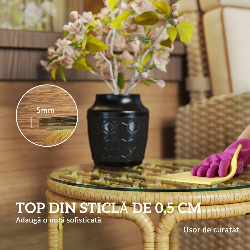 Outsunny Măsuță de Grădină din Ratan și Sticlă Stil Boho Ø50x44 cm Galben | Aosom Romania