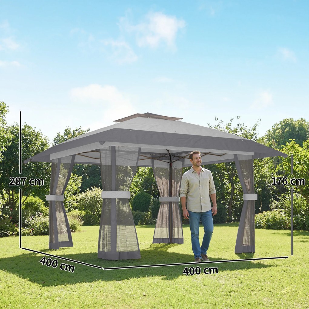Outsunny Pavilion 4x4m Impermeabil Reglabil pe înălțime Pop-up Pavilion pliant cu dublu acoperiș 4 laterale din plasă, UV 30+Gri deschis | Aosom Romania