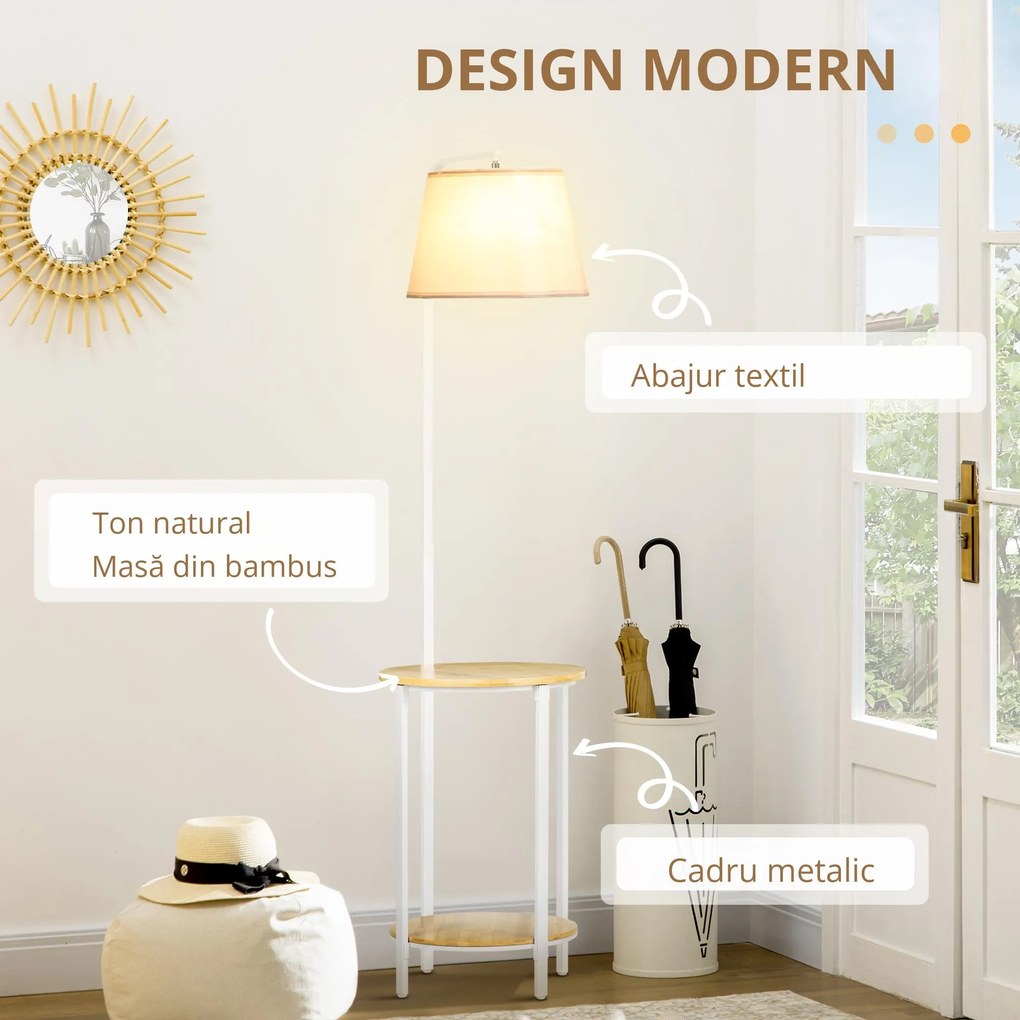 Homcom Lampă de Podea cu Rafturi și Măsuță Dublă din Bambus, Abajur Textil, Design Natural, Living sau Dormitor | Aosom Romania