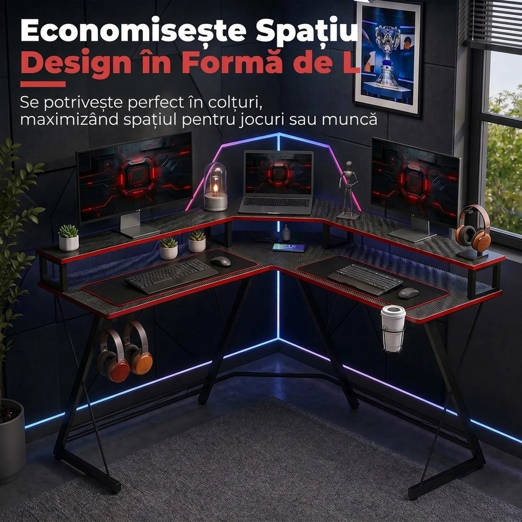 HOMCOM Birou în L cu Prize, 128 cm cu Suport Monitor | Aosom Romania