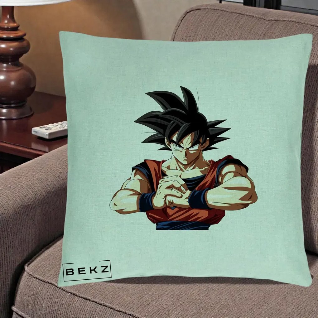 Perna Personalizata Dragon Ball Goku Portret Serios, 40x40 cm, Verde Menta, Husa Detasabila, Perna Inclusa, BEKZ®