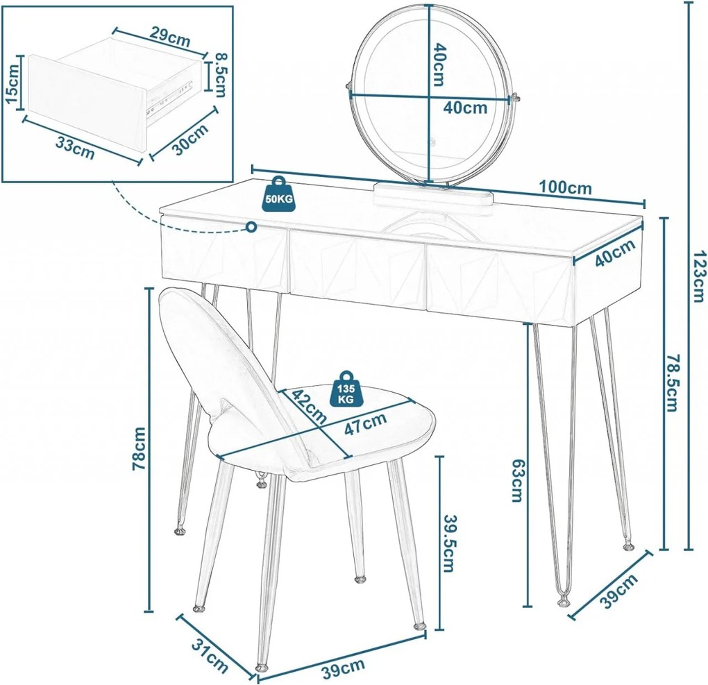 SEA435 - Set Masa toaleta, 100 cm, cosmetica machiaj, oglinda cu LED, masuta vanity, scaun tapitat - Alb lucios