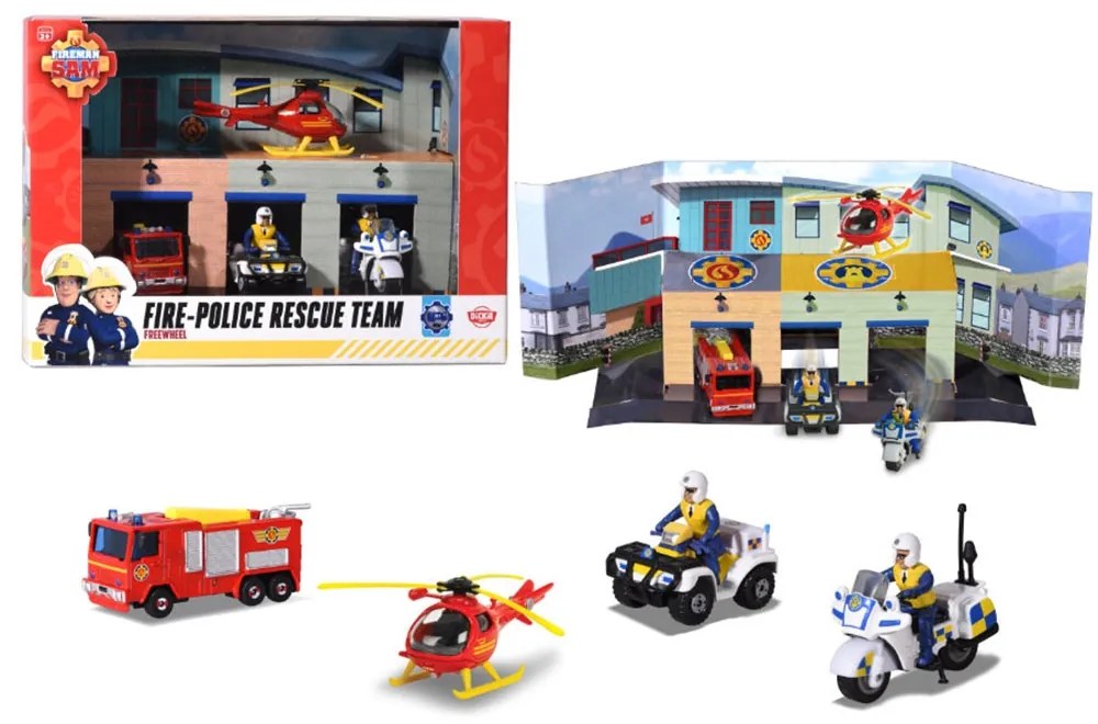 Pista de masini Dickie Toys Fireman Sam, Sam Fire Rescue Team cu 3 masinute, 1 elicopter si 2 figurine