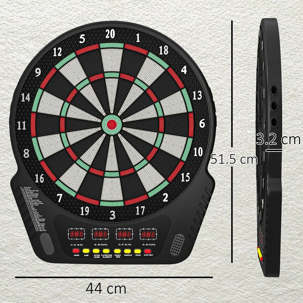 HOMCOM Țintă pentru Darts cu 6 Săgeți, Adaptor, 4 Afișaje LED și 27 de Jocuri, din ABS și PP, 44x51.5x3.2 cm, Negru | Aosom Romania