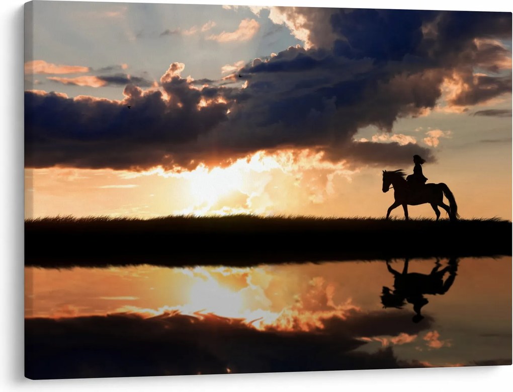 Tablou - Rider pe un cal la apus de soare (70x50 cm)
