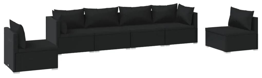 Set mobilier de gradina cu perne, 6 piese, negru, poliratan Negru, 2x colt + 4x mijloc, 1