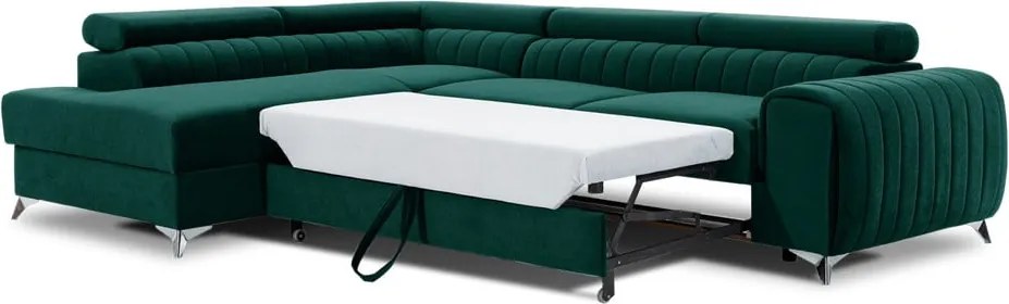 Colțar verde extensibil/cu spațiu de depozitare cu tapițerie din catifea (cu colț pe partea stângă/în formă de ”L”) Laurence – ELTAP