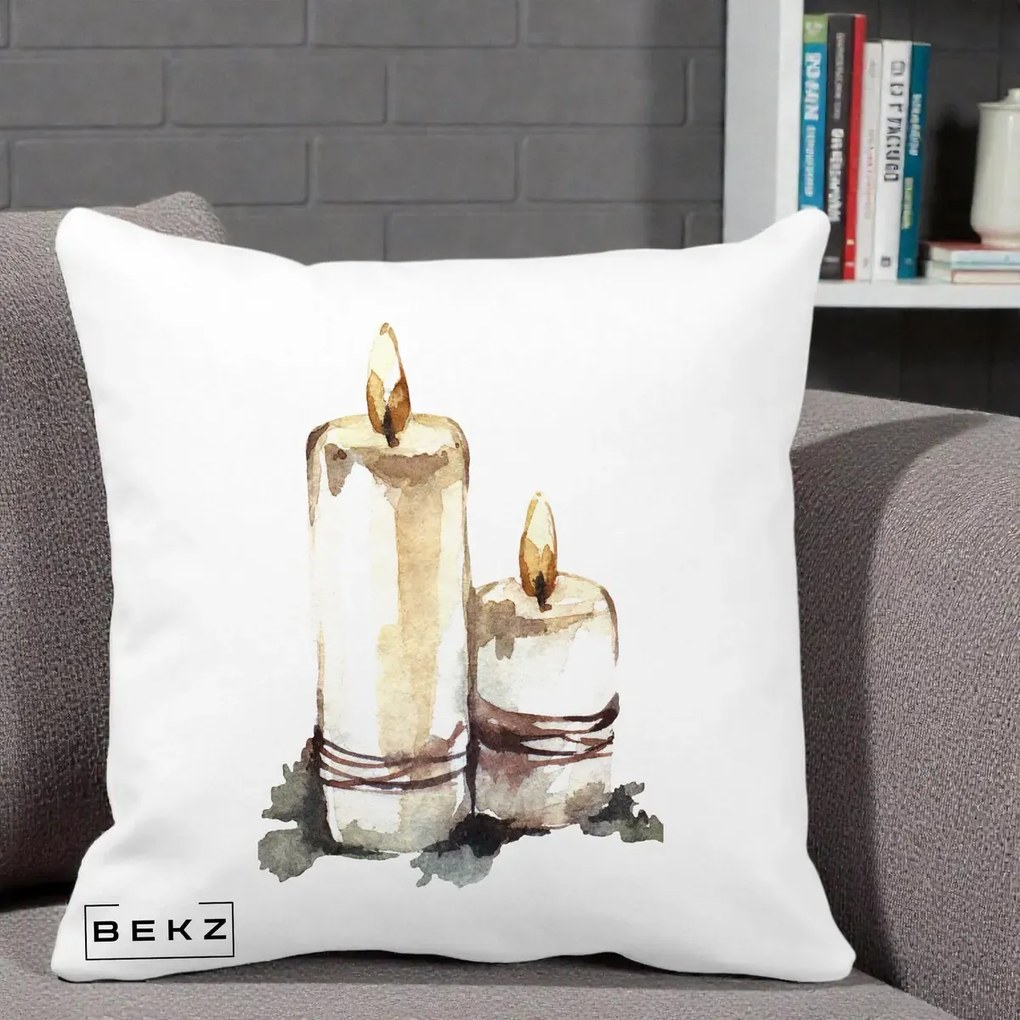 Perna Decorativa Lumanari Acuarela Iarna, 40x40 cm, Alba Mata, Husa Detasabila, Perna Inclusa, BEKZ®
