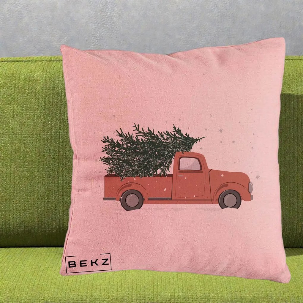 Perna Decorativa Camioneta Terracotta Brad de Craciun, 40x40 cm, Roz, Husa Detasabila, Perna Inclusa, BEKZ®