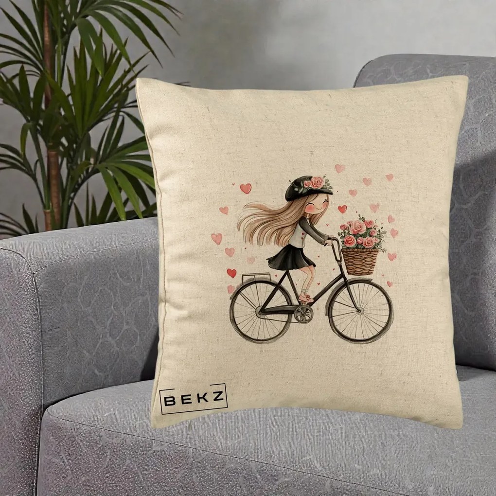Perna Decorativa Fetita Kawaii pe Bicicleta cu Trandafiri si Inimioare, 40x40 cm, Bej, Husa Detasabila, Perna Inclusa, BEKZ®