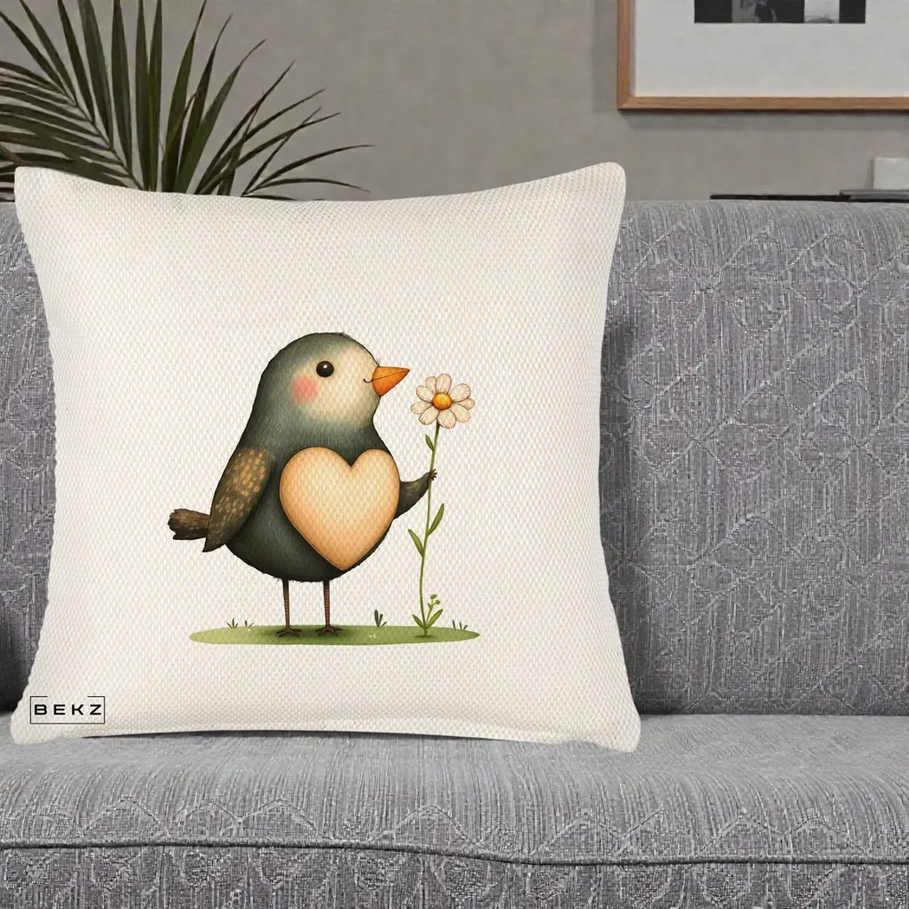 Perna Decorativa Pasare cu Inima si Margareta, 40x40 cm, Crem Reliefat, Husa Detasabila, Perna Inclusa, BEKZ®