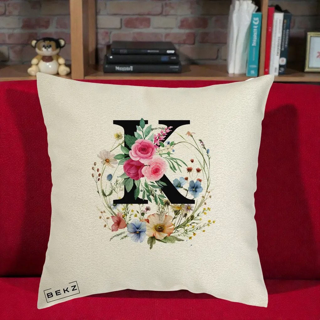 Cadou Personalizat - Perna Personalizata Monogram Litera K cu Flori Acuarela, 40x40 cm, Ecru, Husa Detasabila, Perna Inclusa, BEKZ®