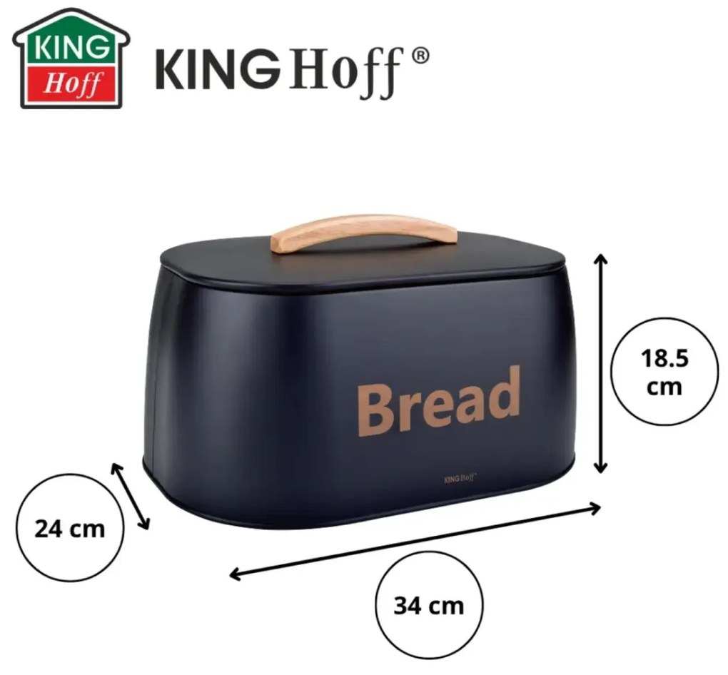 Cutie pentru pâine din metal cu mâner din lemn, 34×24×18.5 cm, neagră, KINGHoff KH-1946