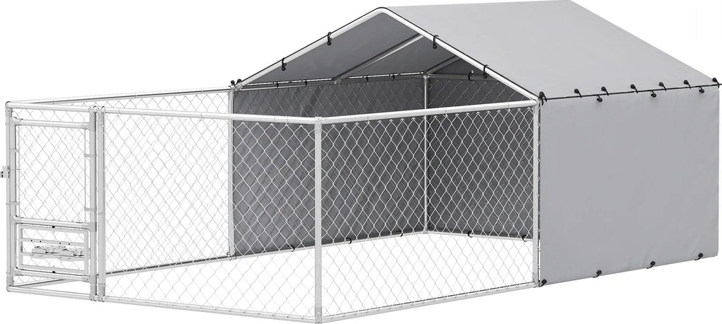 PawHut Țarc pentru Câini de Exterior cu Acoperiș Anti-UV Impermeabil și Boluri Rotative, 400x230x150 cm, Argintiu | Aosom Romania