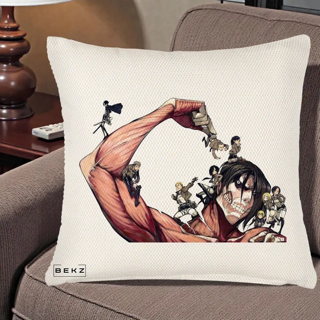 Perna Personalizata Attack on Titan Eren Titan Grup, 40x40 cm, Crem Reliefat, Husa Detasabila, Perna Inclusa, BEKZ®