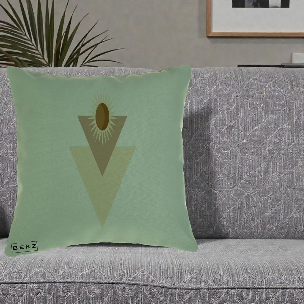 Perna Decorativa Boho Sun cu Triunghiuri Bej si Oval Solar, 40x40 cm, Verde, Husa Detasabila, Perna Inclusa, BEKZ®