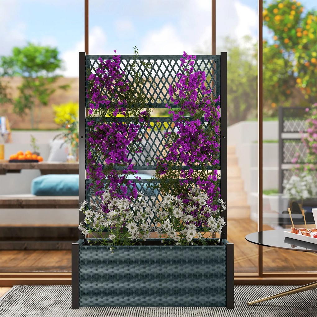 Outsunny Jardinieră înaltă cu spalier în aspect rattan, ghiveci cu suport pentru cățărătoare 90 x 35 x 148 cm Gri închis | Aosom Romania